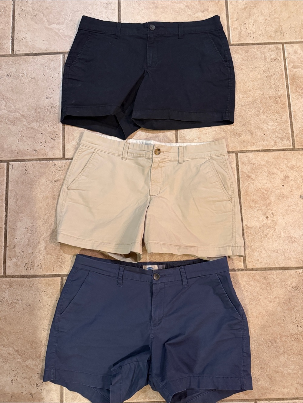Old navy everday shorts- three pair. Size 8   Khaki, navy and black